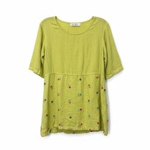 100% Linen Embroidered Tunic Chartreuse Lagenlook Coastal Bohemian Summer
